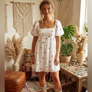 Storia Roses White Pink Swiss Dot Enchanted Puffed Sleeve Whimsical Dress